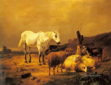 Eugene Joseph Verboeckhoven Painting - A Horse Sheep And Goat In A Landscape Eugene Verboeckhoven animal